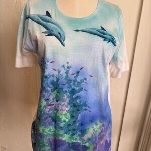 Vintage 80s Single Stitch Air Brushed Dolphin T Shirt by G Hufner - Kauai L
